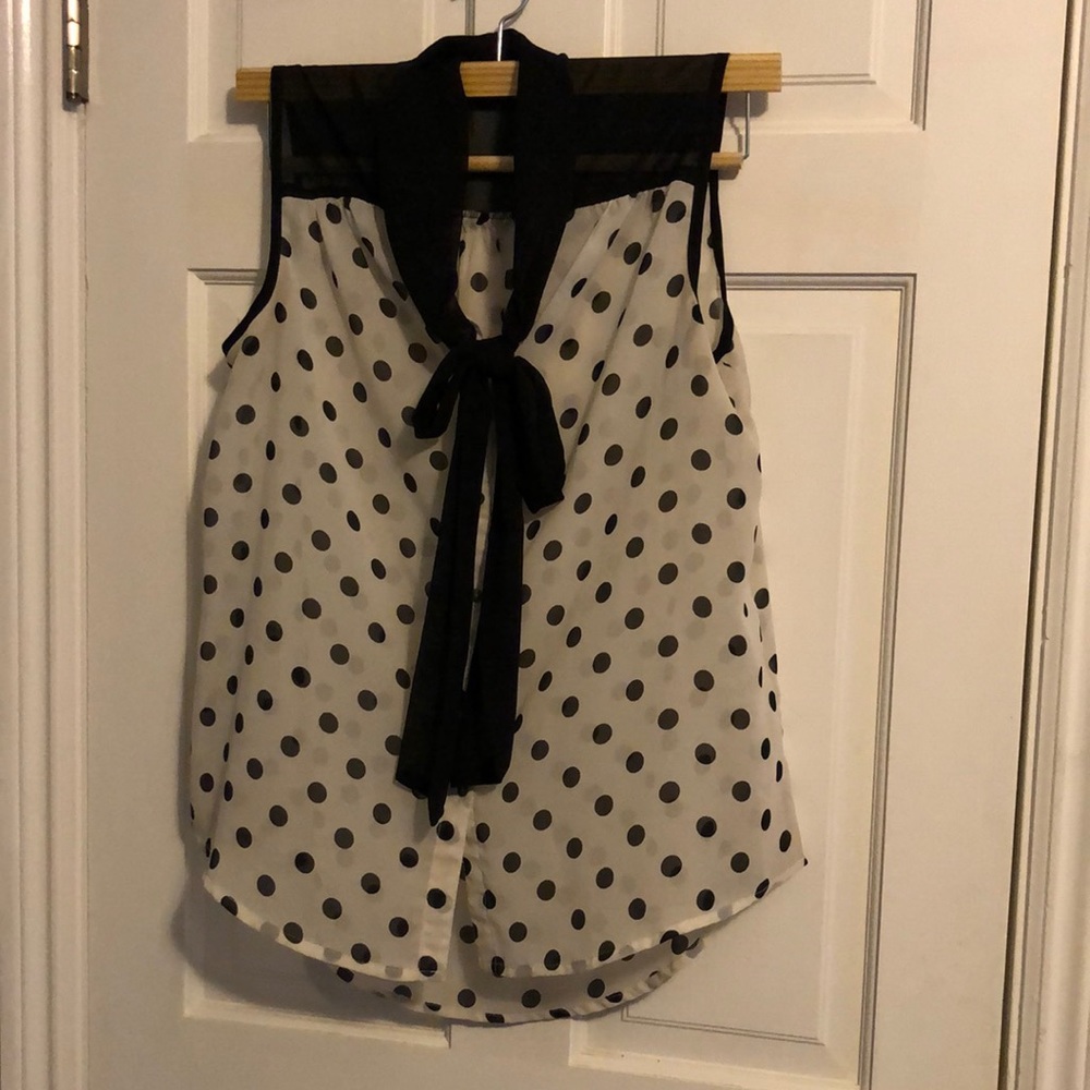 Black & cream polka dot sleeveless blouse neck tie large